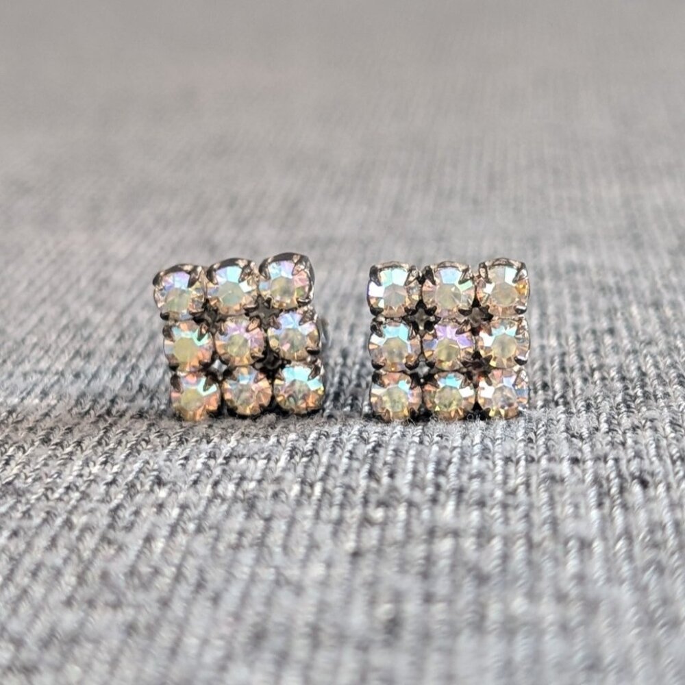 Vintage Square Rhinestone/Aurora Borealis Clip-on Earrings
